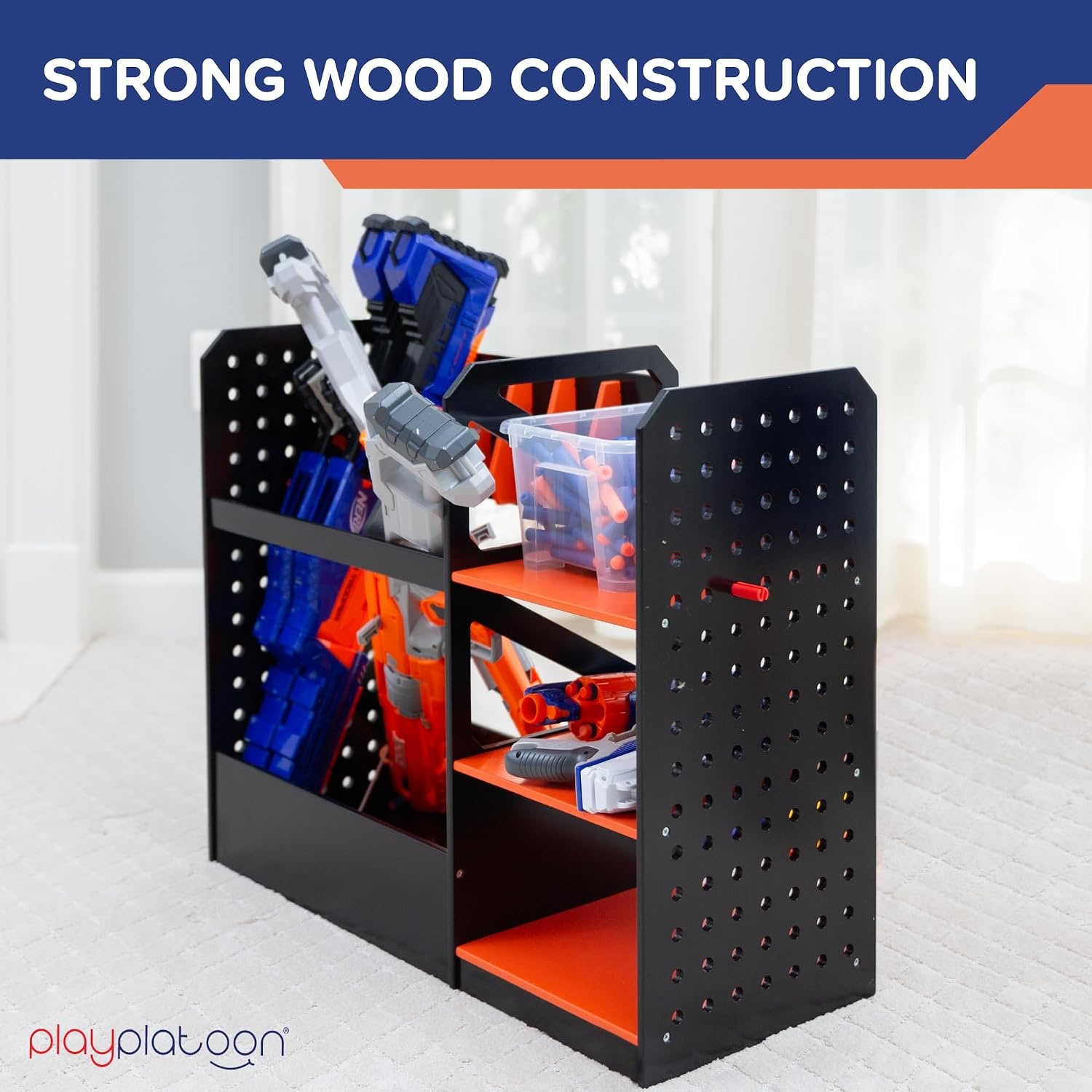Play Platoon Storage Rack for Nerf Gun Storage & Nerf Accessories, Sturdy Wood Construction, Dart Holder & 6 Toy Gun Holder for Wall with Pegboard Wall Organizer – Includes 20 Pegs(Floor) - view 3