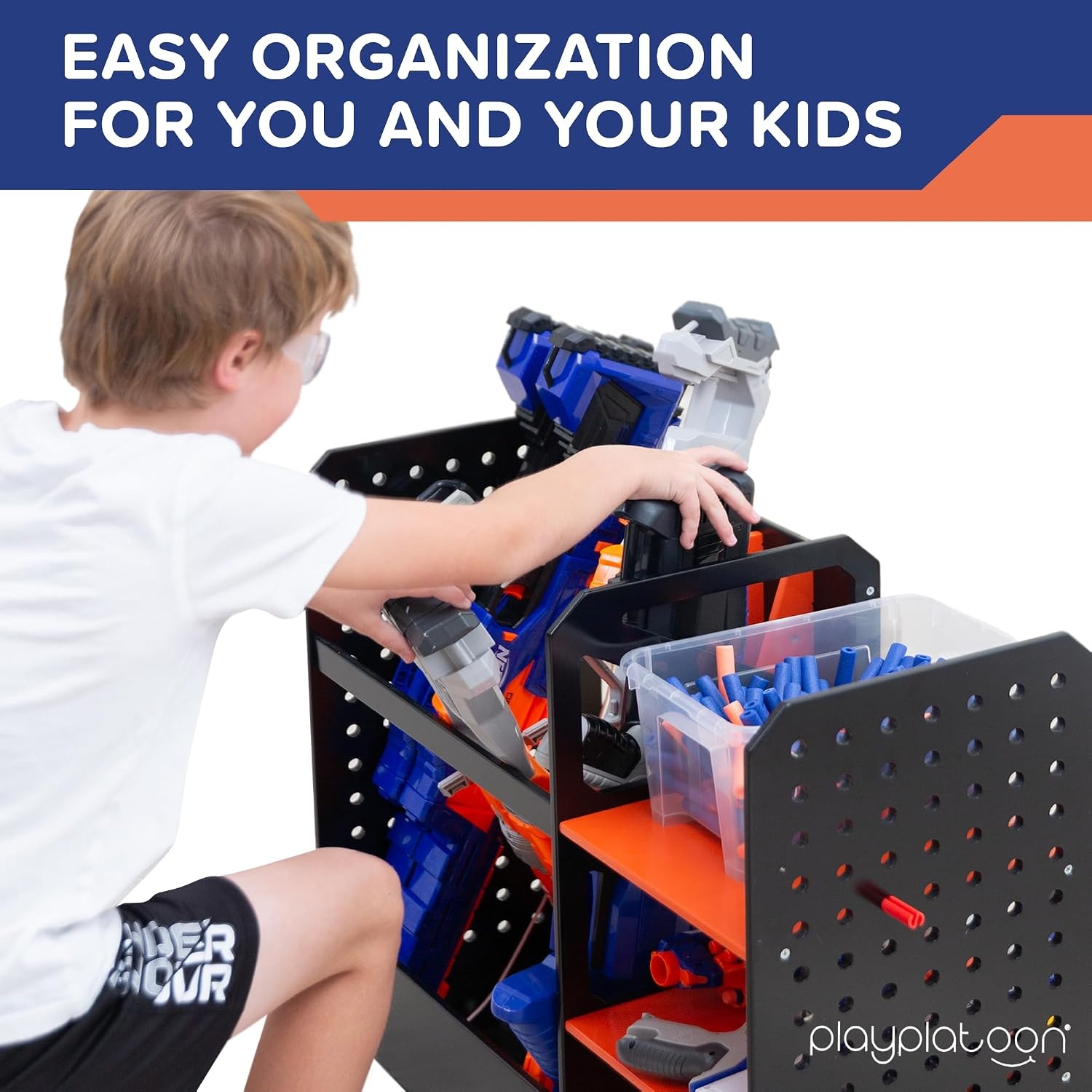 Play Platoon Storage Rack for Nerf Gun Storage & Nerf Accessories, Sturdy Wood Construction, Dart Holder & 6 Toy Gun Holder for Wall with Pegboard Wall Organizer – Includes 20 Pegs(Floor) - view 4