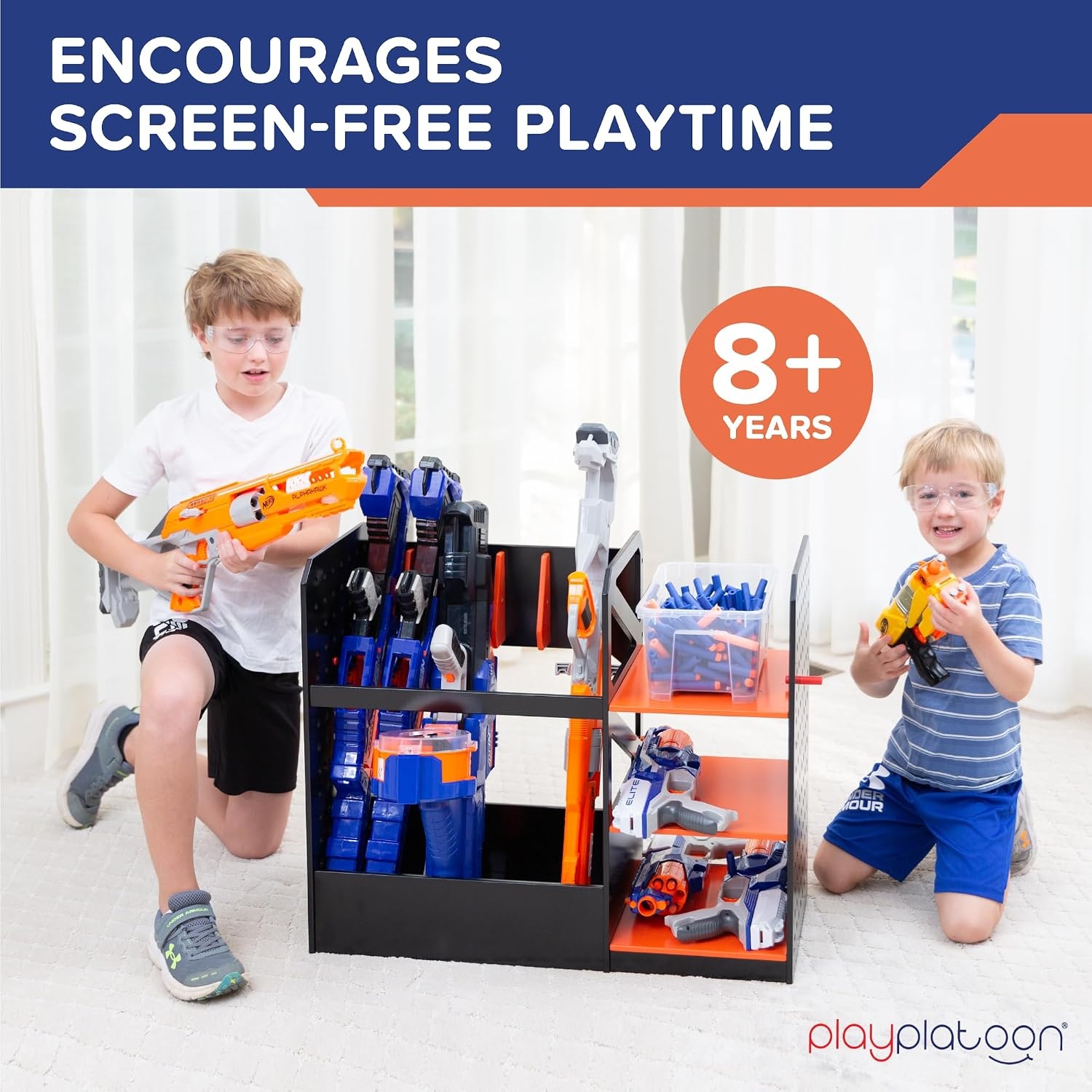 Play Platoon Storage Rack for Nerf Gun Storage & Nerf Accessories, Sturdy Wood Construction, Dart Holder & 6 Toy Gun Holder for Wall with Pegboard Wall Organizer – Includes 20 Pegs(Floor) - view 6