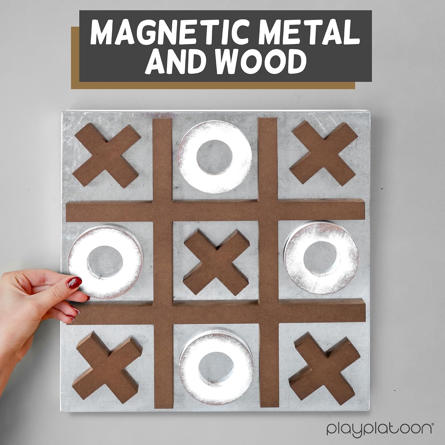 Play Platoon Magnetic Tic Tac Toe Game – Large Metal and Wooden Wall Mounted Board Games – 13.5 Inch Table Top or Wall Mounted Farmhouse Rustic for Game Room – Black & White(Barnwood & Rustic White) - view 3