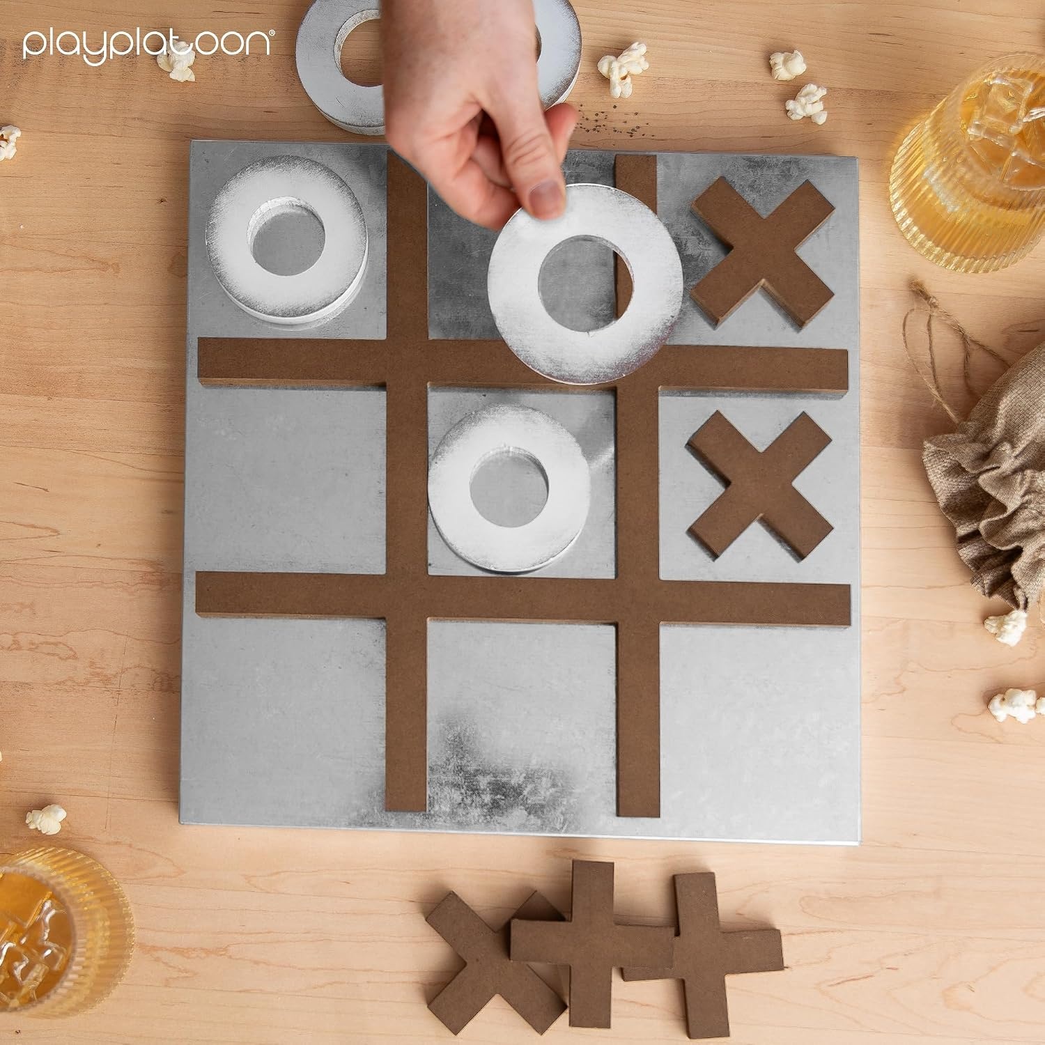 Play Platoon Magnetic Tic Tac Toe Game – Large Metal and Wooden Wall Mounted Board Games – 13.5 Inch Table Top or Wall Mounted Farmhouse Rustic for Game Room – Black & White(Barnwood & Rustic White) - view 6