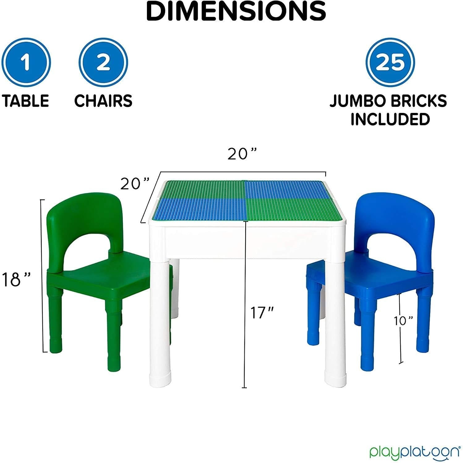 Play Platoon 5 in 1 Kids Activity Table and Chair Set for Toddlers, Building Block, Craft & Sensory Tables for Toddlers with 2 Chairs & 25 XL Blocks – Yellow Red Green(Blue & Green)