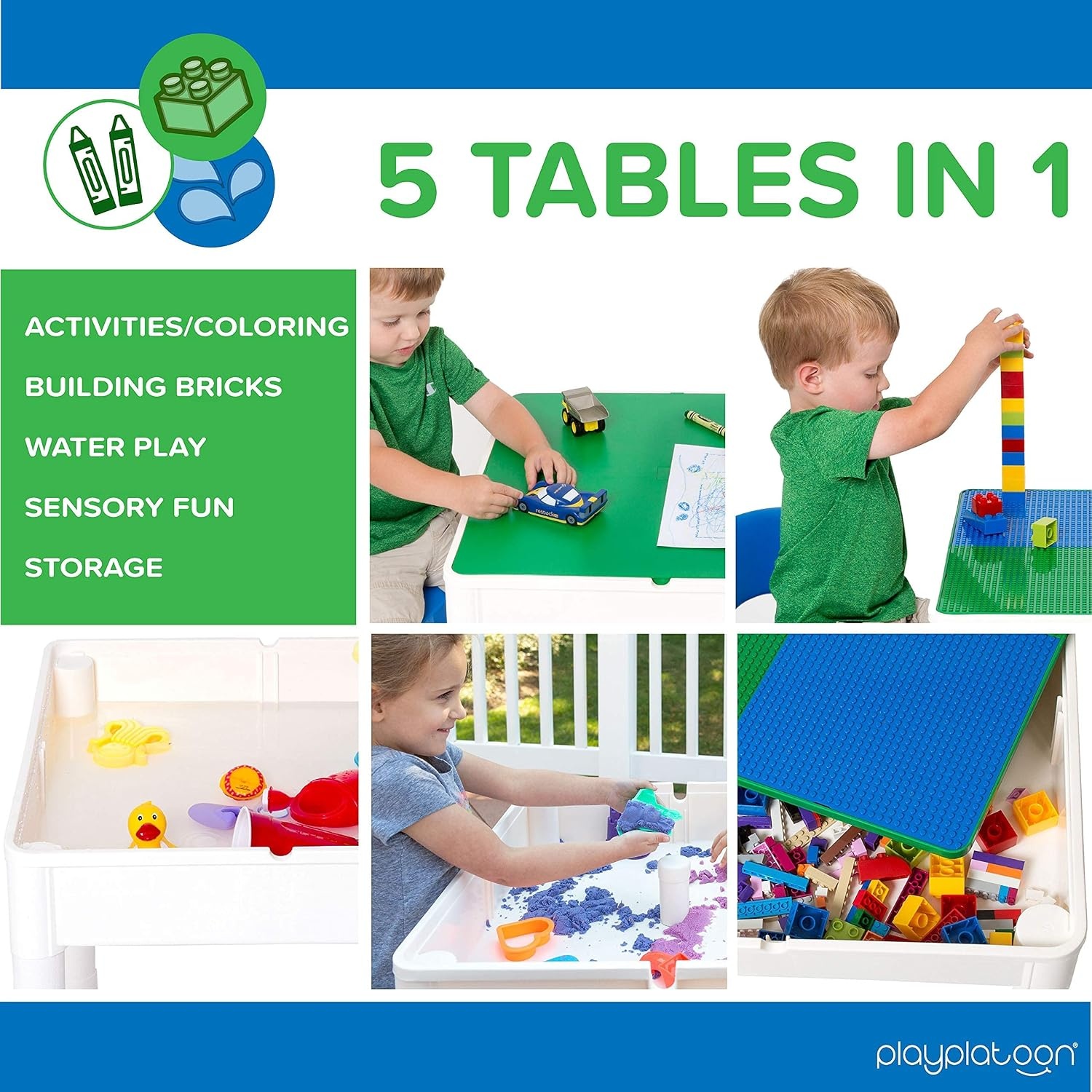 Play Platoon 5 in 1 Kids Activity Table and Chair Set for Toddlers, Building Block, Craft & Sensory Tables for Toddlers with 2 Chairs & 25 XL Blocks – Yellow Red Green(Blue & Green) - view 2