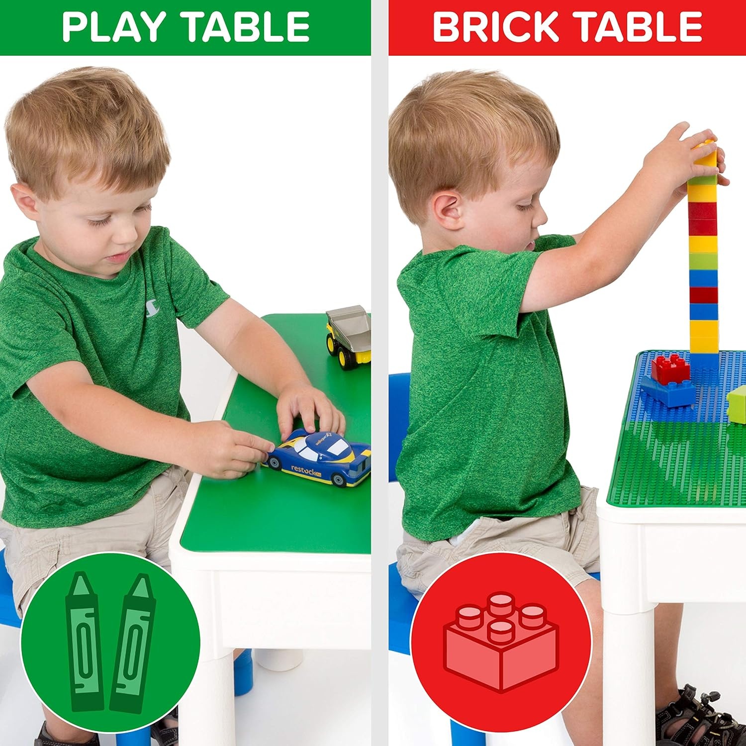 Play Platoon 5 in 1 Kids Activity Table and Chair Set for Toddlers, Building Block, Craft & Sensory Tables for Toddlers with 2 Chairs & 25 XL Blocks – Yellow Red Green(Blue & Green) - view 6
