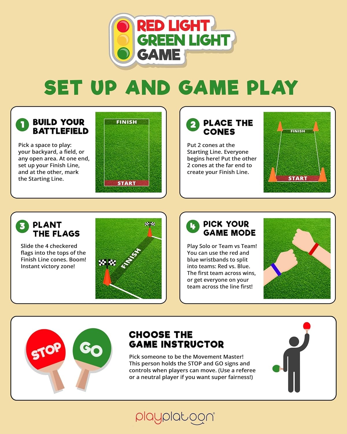 Play Platoon Red Light Green Light Game for Kids, The Traditional Original 20 Player Set with Real Wood Handle Signs or Game with Cones(Red Light Green Light) - view 6
