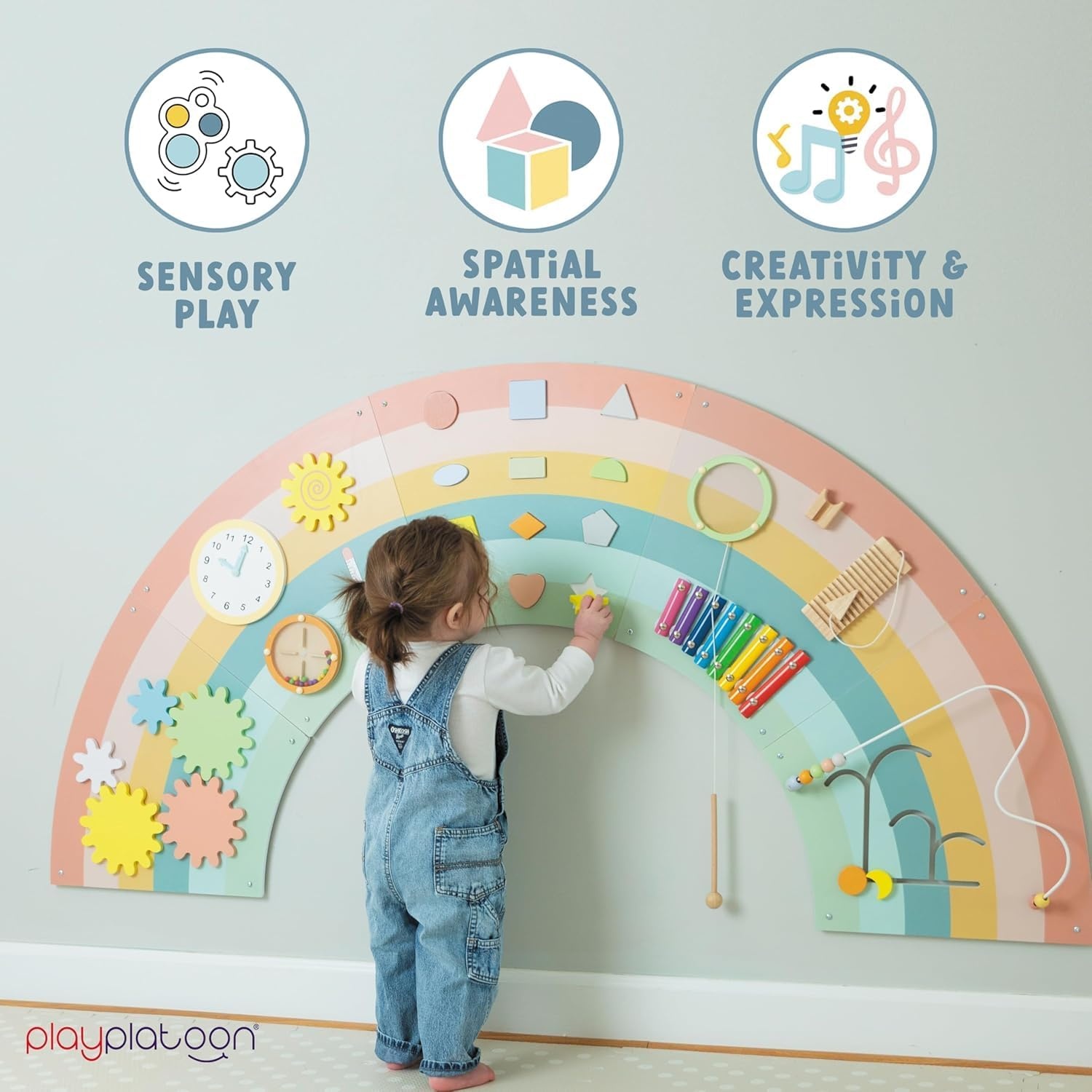 Play Platoon Kids Sensory Wall Panel, Activity Wall Busy Board Toys for Toddlers 1-3, Sensory Board – 64×32 inch Neutral Wooden Rainbow with 11 Activities for Montessori Playroom - view 2