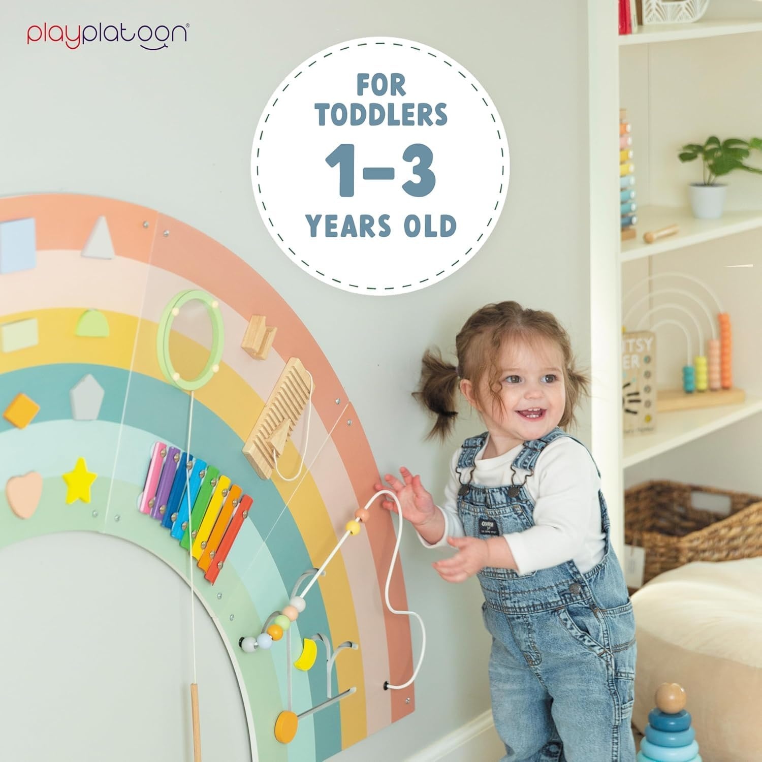 Play Platoon Kids Sensory Wall Panel, Activity Wall Busy Board Toys for Toddlers 1-3, Sensory Board – 64×32 inch Neutral Wooden Rainbow with 11 Activities for Montessori Playroom - view 3