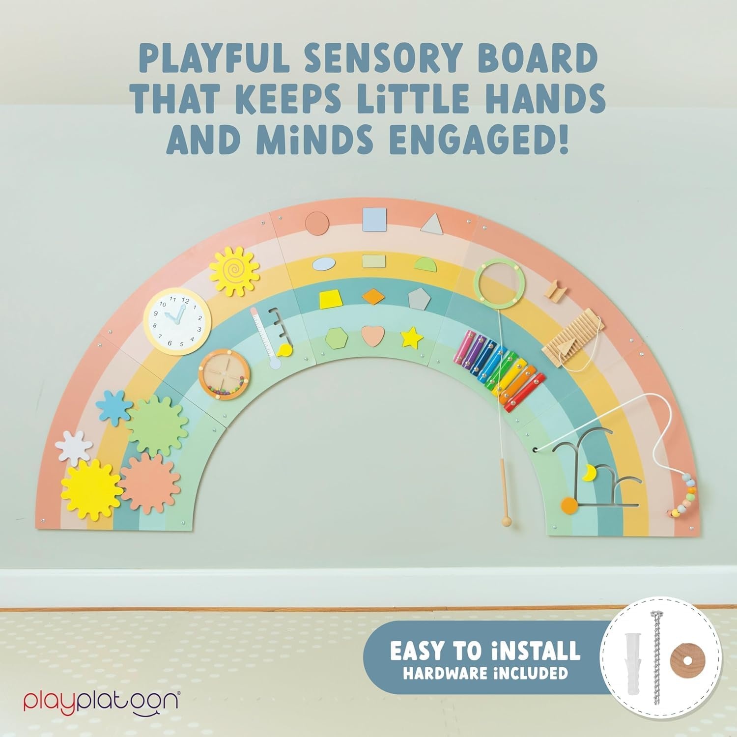 Play Platoon Kids Sensory Wall Panel, Activity Wall Busy Board Toys for Toddlers 1-3, Sensory Board – 64×32 inch Neutral Wooden Rainbow with 11 Activities for Montessori Playroom - view 4