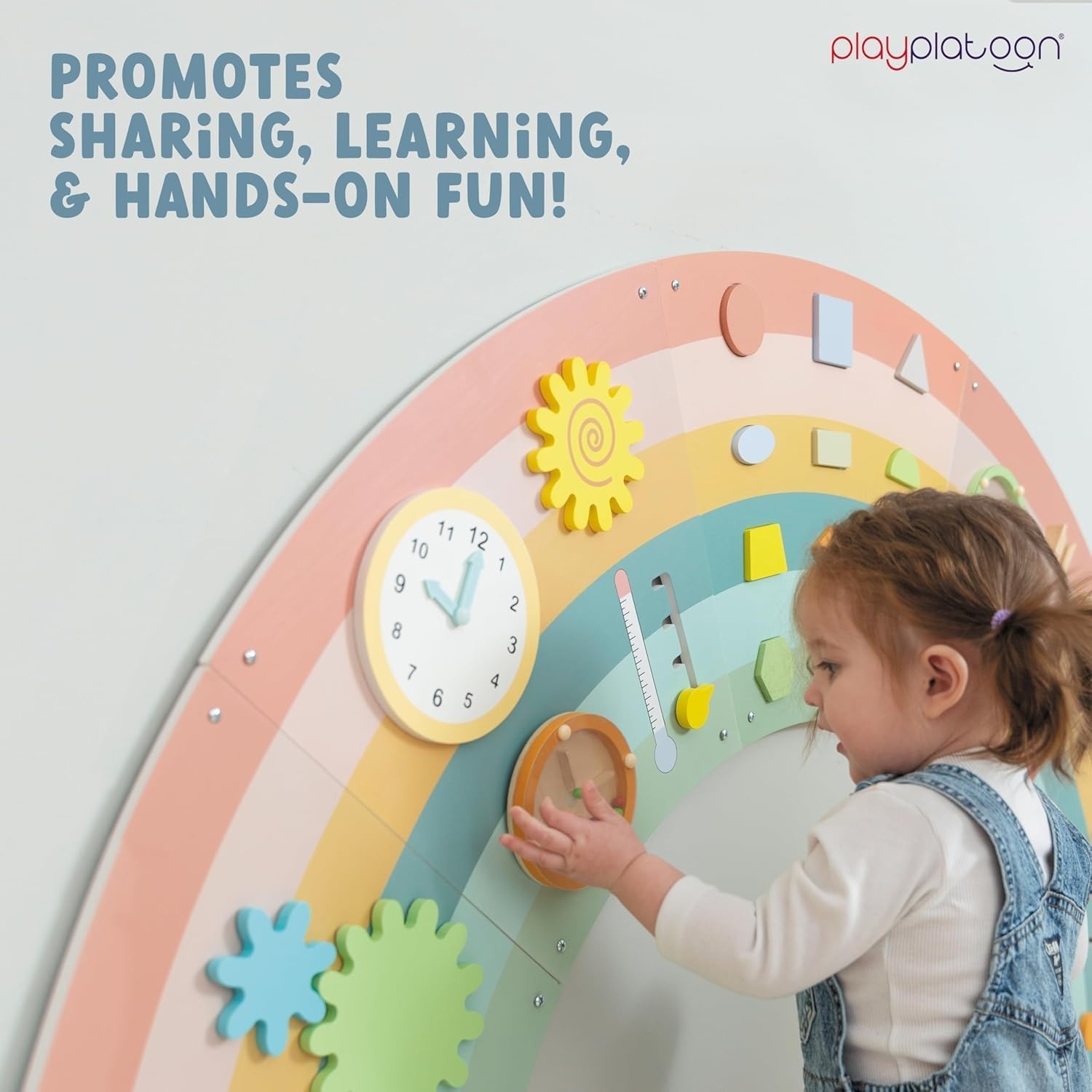 Play Platoon Kids Sensory Wall Panel, Activity Wall Busy Board Toys for Toddlers 1-3, Sensory Board – 64×32 inch Neutral Wooden Rainbow with 11 Activities for Montessori Playroom - view 5