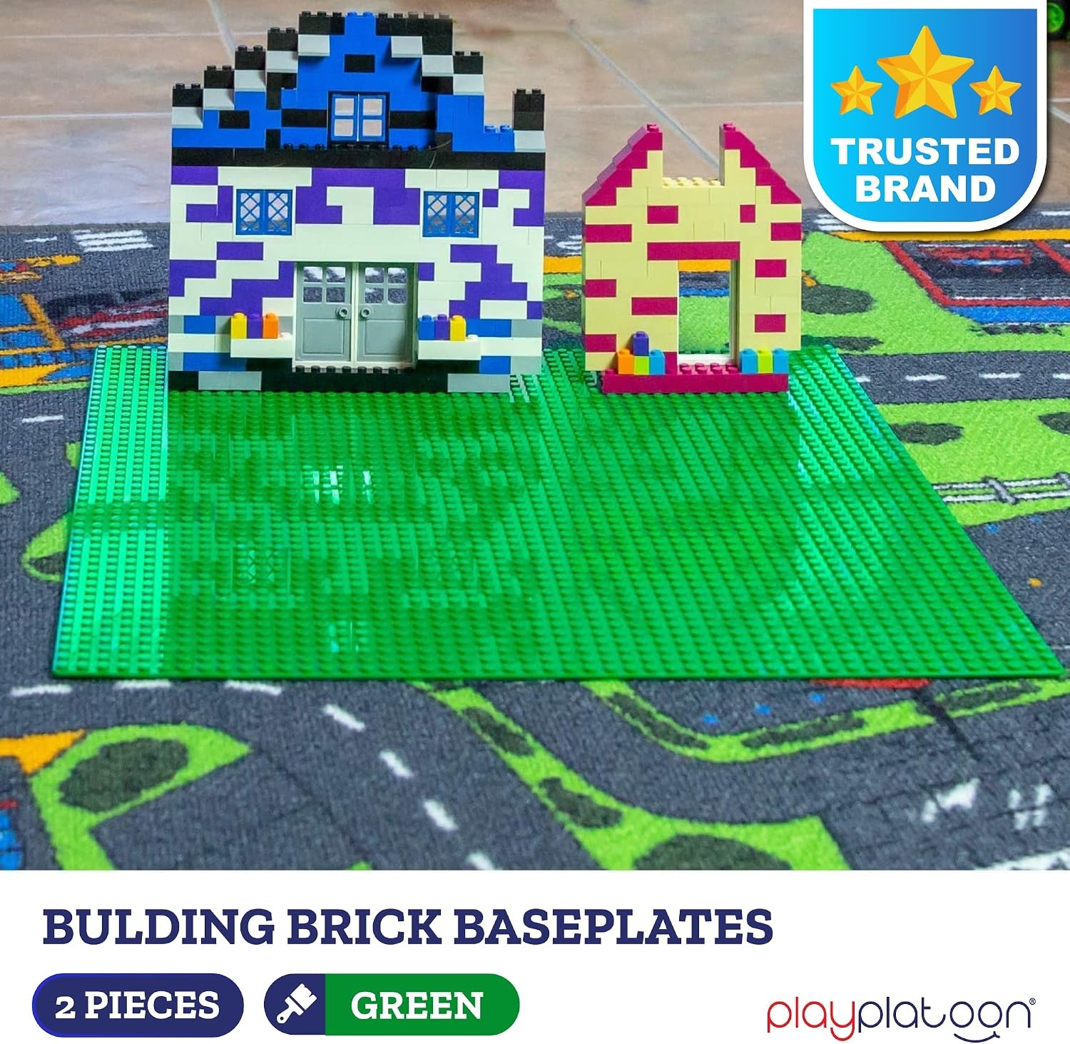 Play Platoon 15 Inch x 15 Inch Baseplate for Building Bricks – Extra Large Landscape for Building Blocks – Green Classic Platform Baseplates Compatible with All Major Brands, 2 Pack - view 2