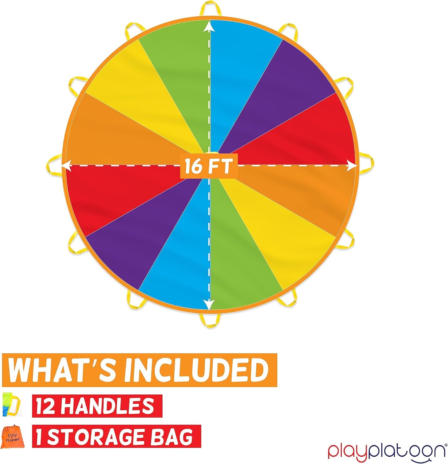 Play Platoon Rainbow Parachute Toy for Kids, 6 ft Play Parachute Game with 8 Handles, PE Equipment for Elementary School Gym Class, Backyard/Indoor Equipment(16 Foot)